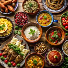 A beautifully arranged table showcases a variety of traditional dishes from different cultures