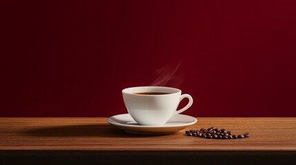 Obraz premium professional coffee photography, elegant white cup and saucer, artistically placed beans, textured wooden tabletop, rich burgundy background fade, dramatic rim lighting, ethereal steam wisps