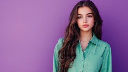 Fototapeta premium Photo portrait of lovely teen lady compare hold empty space dressed stylish green garment isolated on purple color background