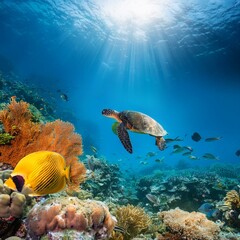 Fototapeta premium A vibrant tropical underwater scene with colorful coral, exotic fish, and sea turtles, illuminated by sunlight, perfect for marine and travel designs