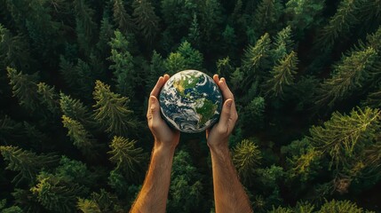 Hands holding earth above green forest nature awareness environmental activism aerial view...