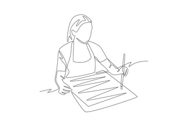 Woman making painting for decoration. DIY decorations concept one-line drawing