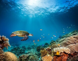 Fototapeta premium A vibrant tropical underwater scene with colorful coral, exotic fish, and sea turtles, illuminated by sunlight, perfect for marine and travel designs