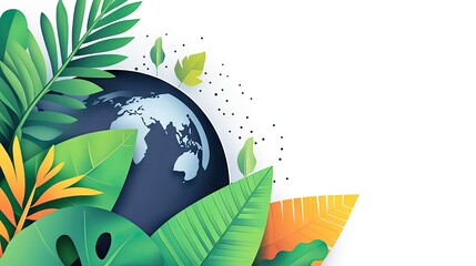 A vibrant world map bordered by greenery, blending geography and nature in a sustainability theme.