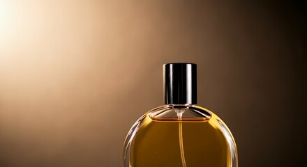 Macro Shot of Perfume Bottle with Gradient Liquid: Subtle Color Shift and Light Refraction on Blurred Bokeh against Golden Background