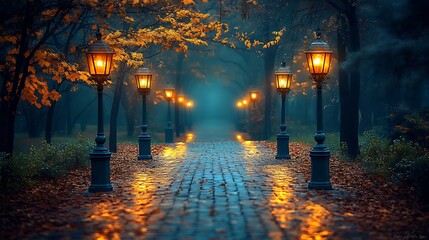 Fototapeta premium Autumnal Pathway Illuminated by Glowing Streetlights