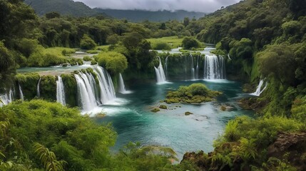 Fototapeta premium Lush Green Forest Waterfall Cascading into Turquoise Pool