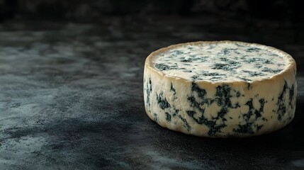 A Round Wheel Of Blue Cheese Sits On A Dark Surface