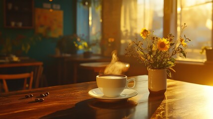 Fototapeta premium artisanal coffee moment, golden hour lighting, authentic cafe setting, white porcelain cup and saucer, organic coffee bean arrangement, nostalgic mood, rustic wooden elements, morning steam effects,