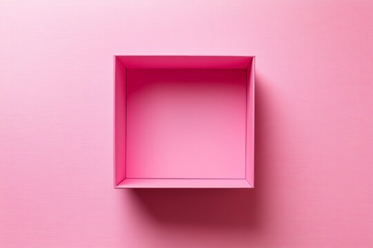 A square pink empty box is located in the center of an entirely plain pink background,