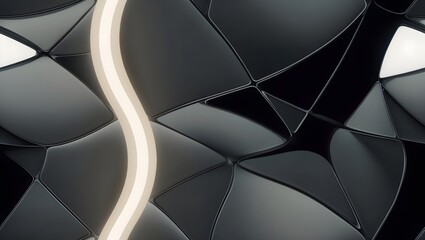 Glowing Line Cutting Through Black Geometric Shapes. Futuristic Abstract Background.