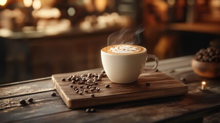 gourmet coffee scene, handcrafted cappuccino, vintage wooden surface, carefully scattered coffee beans, atmospheric steam, warm tones, professional food styling, cafe interior backdrop, morning light