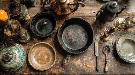A collection of vintage-style cast iron pans, styled with rustic charm on a natural wooden table.