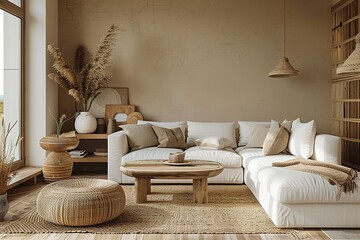 Interior of a beige living room decorated in a Scandinavian farmhouse style with natural wood furnishings. Wall background mockup