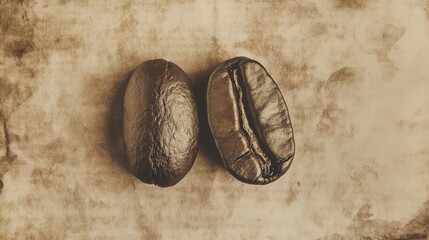 artisanal coffee beans close-up, historical document background, weathered paper texture, subtle gradient lighting, aged sepia filter, panoramic format, fine detail bean photography, professional