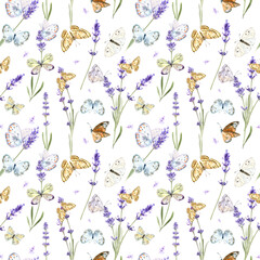 Floral pattern design featuring butterflies and lavender in soft pastel colors. A delicate design showcases lavender flowers and various butterflies set against a light background.