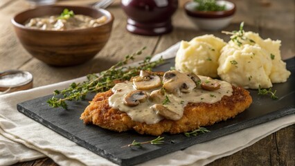 Hearty J&auml;gerschnitzel Served with Creamy Mashed Potatoes and Mushroom Sauce