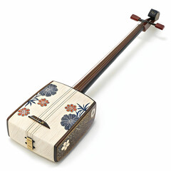 A traditional Japanese shamisen with a rectangular body and three strings,