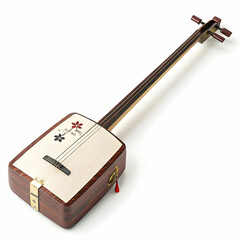 A traditional Japanese shamisen with a rectangular body and three strings,