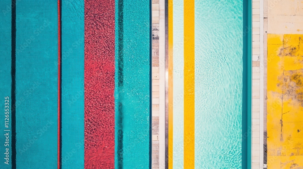 Aufkleber Top-down view showcases a brightly colored swimming pool with defined lanes, perfect for training and recreation in sunny weather. Generative AI