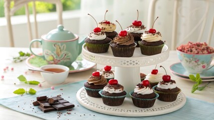 Playful Mini Black Forest Cupcake Platter Served with Tea