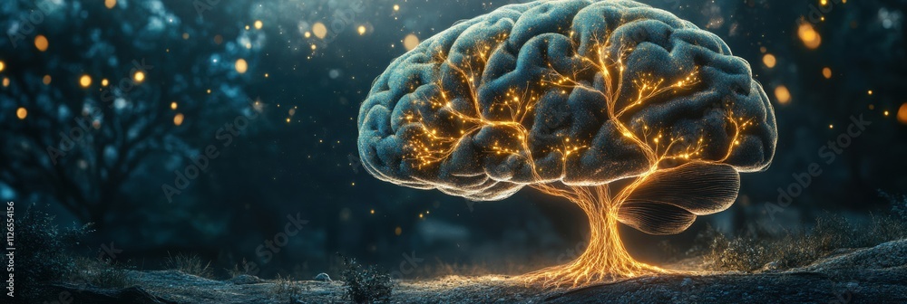Poster a brain seamlessly evolves into a tree, showcasing intricate glowing neural branches and roots that 