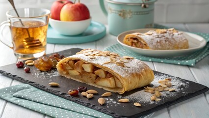 Rustic Vegan Apfelstrudel Served on Slate Plate with Apples and Tea