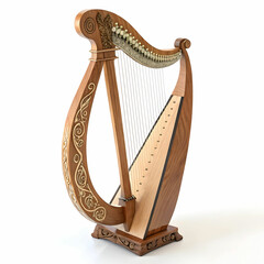 A traditional lyre with a curved frame and taut strings,