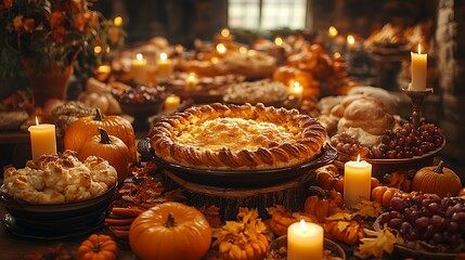 Naklejka premium Autumn Harvest Feast Abundant Table Setting With Candles