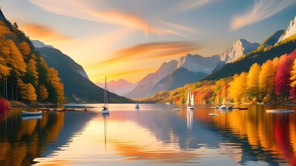 Serene Lake Braies landscape at dawn or dusk with warm, soft light casting a gentle glow on the calm waters, surrounded by lush green forests and majestic, rugged mountains rising in the background.