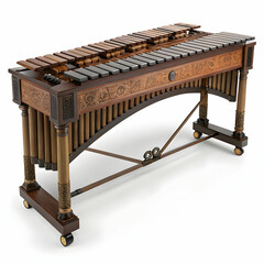A traditional marimba with wooden bars and resonators,