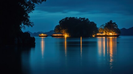 Fototapeta premium serene night view of illuminated islands on calm water