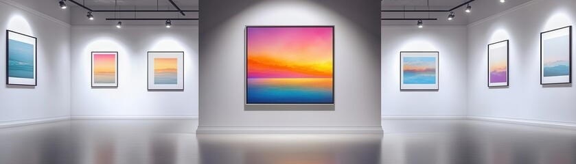 Thin metallic frame for customizable digital art, placed in a high-end gallery setting under spotlights