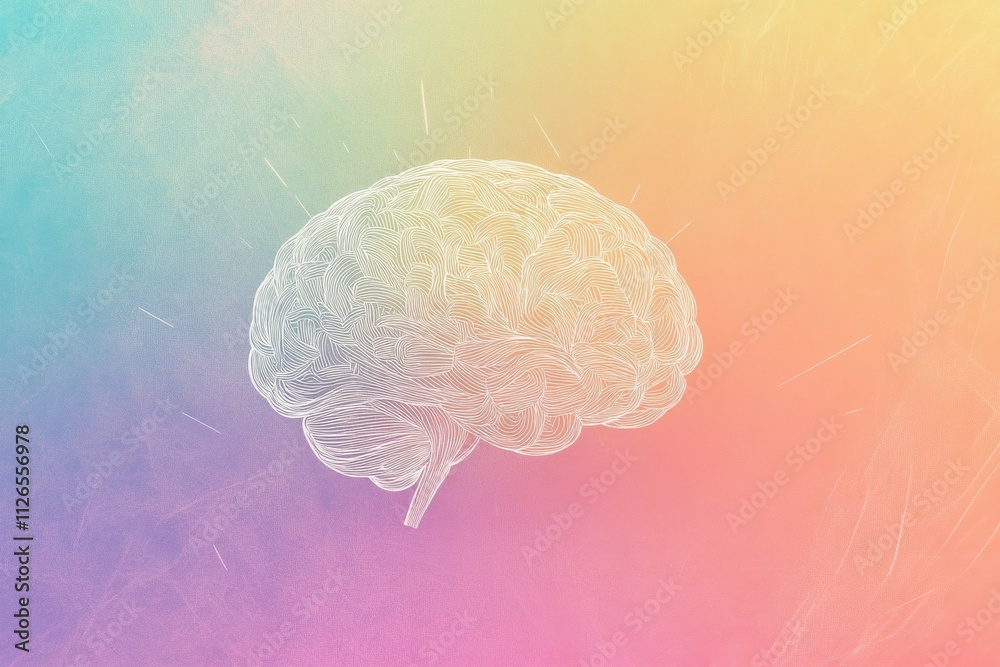 Poster a delicate outline of a human brain crafted with thin white lines against a colorful gradient, provi
