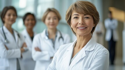 Experienced mature female chief physician head doctor of clinic department pose for group portrait with diverse multicultural staff. Trusted professional medical team with senior leader look at camera