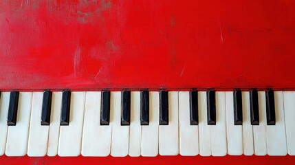 Fototapeta premium A horizontal row of piano keys with sharp focus, placed on a bright red canvas.