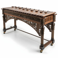 A traditional marimba with wooden bars and resonators,