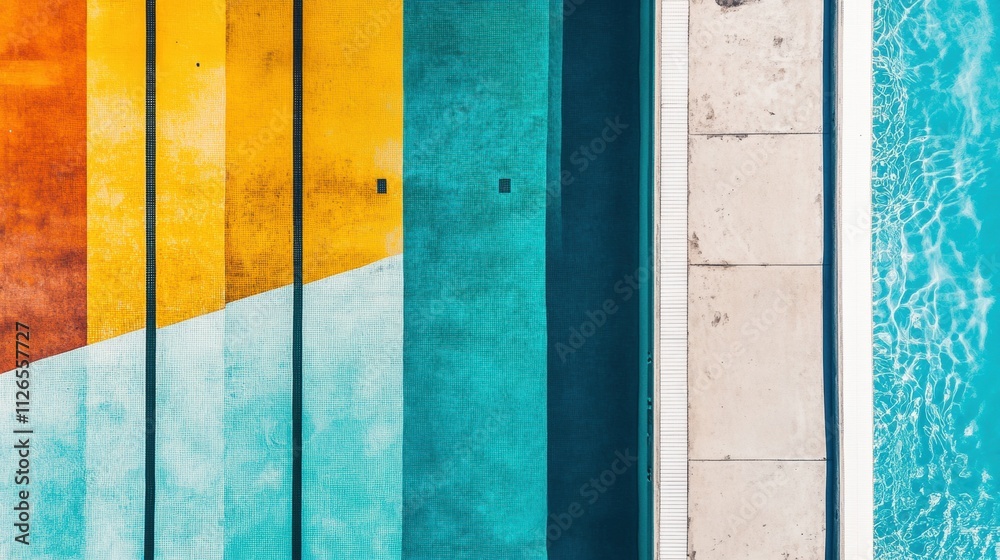 Poster A top-down view shows a colorful swimming pool with multiple lanes and clear water, inviting for recreational activities and relaxation. Generative AI