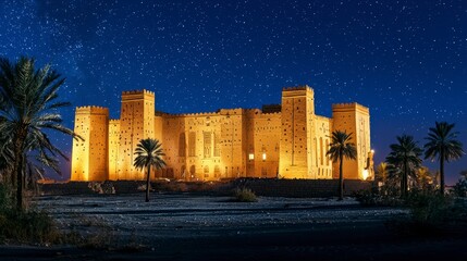 Starlit night over historical castle desert landscape photography tranquil environment aesthetic viewpoint cultural heritage