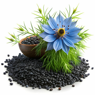 black cumin seeds with nigelia flower isolated on Transparent Background