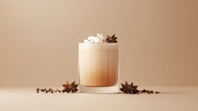 A minimalist shot of iced chai latte in a clear glass, accented with star anise and beige tones.