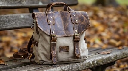 Leather and canvas backpack on park bench.