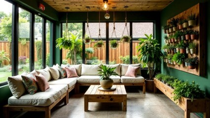 Fototapeta premium A green-focused garden room with reclaimed wood furniture, including a wide bench topped with neutral cushions. Hanging terrariums and macramé planters are suspended from the ceiling
