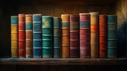 Row of antique books on wooden shelf.