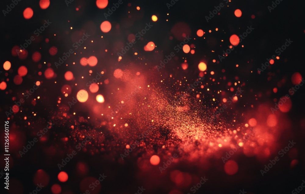 Poster Red bokeh particles background with a glowing light effect on a dark black color, red fire sparks in the air, an abstract blurred dark night sky background. Valentine's Day concept.