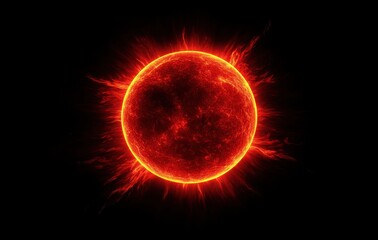 Red sun with glowing rays on a black background, a cosmic concept of solar flares and fusion energy.