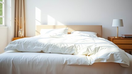 Sunlight illuminating a neatly made bed with crisp white bedding and pillows in a minimalist bedroom