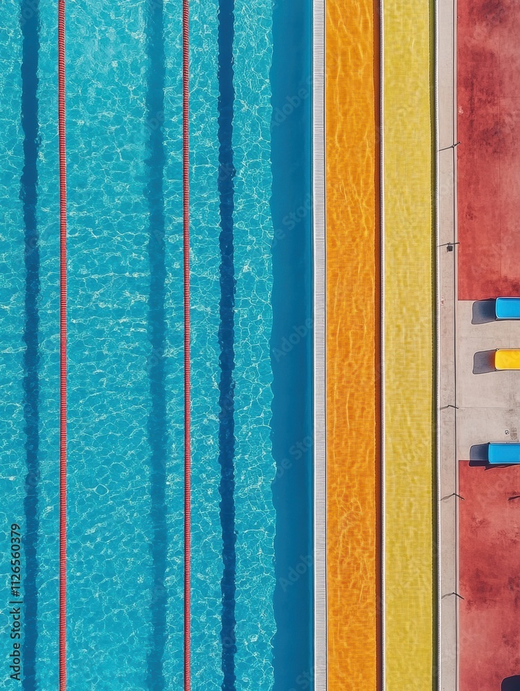 Poster brightly colored swimming pool with distinct lanes, perfect for competitive swimming and recreationa