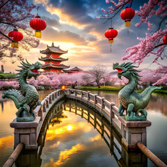 Fototapeta premium Twin dragon statues stand majestically at a bridge entrance