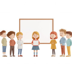 Obraz premium A group of children presenting a project in front of a blank whiteboard., isolated on a transparent background.
